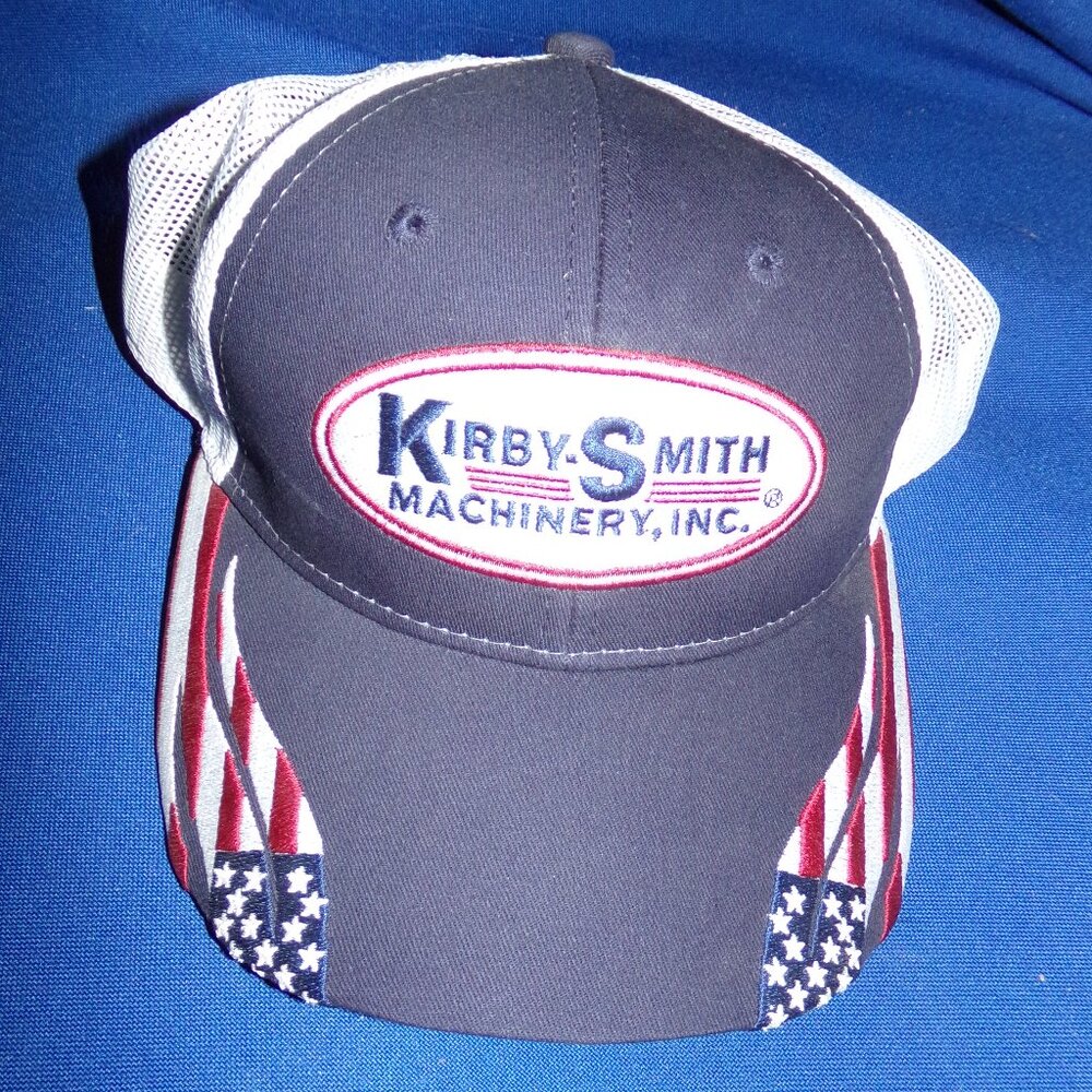 New Kirby Machinery Truckers Hat Ball Cap - Red, White, Blue Flag Design